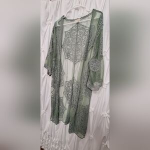 Sheer Green Kimono with Intricate Patterns